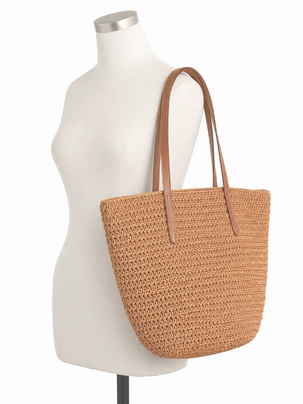 NWOT J. Crew Woven Straw Market Tote Large Packable Bag With Leather Straps - Picture 7 of 10